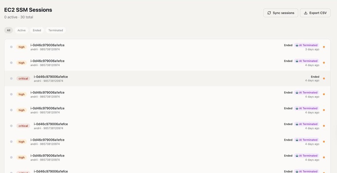 Korvalis dashboard showing live sessions automatically terminated